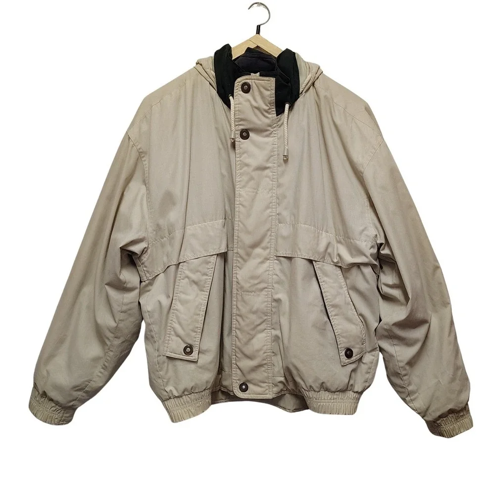 Vintage London Fog Mens Beige Bomber Jacket Large Removable Liner Concealed Hood